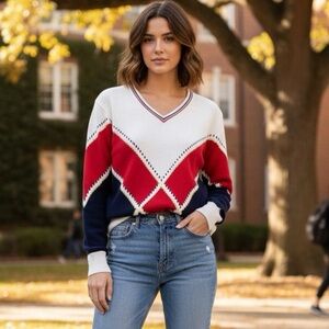 𝅺VINTAGE La Mode White Argyle V Neck Sweater Size M